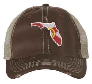 Florida state hat with distressed finish, embroidered Florida state design in official colors, mesh back and adjustable strapback closure