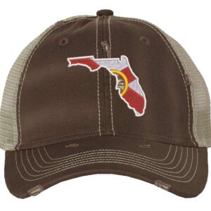 Distressed Trucker Hat with Embroidered Florida State Design - Mesh Strapback Cap in Florida Colors