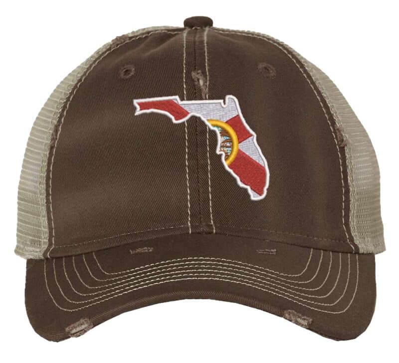 96DR-BRN_Fatigue-_Khaki_Front_High_Florida_State_Flag_Distressed_Trucker_Hat Florida state hat with distressed finish, embroidered Florida state design in official colors, mesh back and adjustable strapback closure