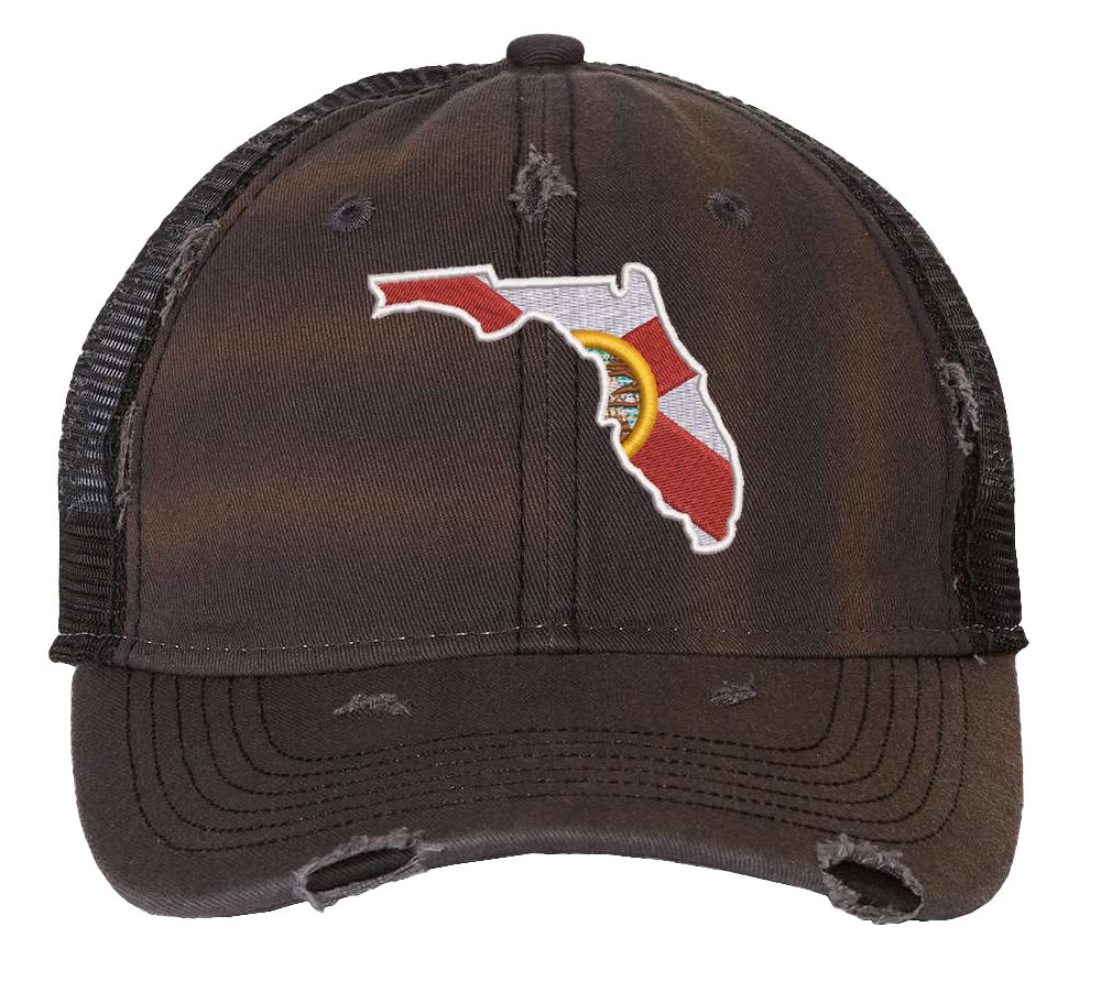 Distressed Trucker Hat with Embroidered Florida State Design - Mesh Strapback Cap in Florida Colors