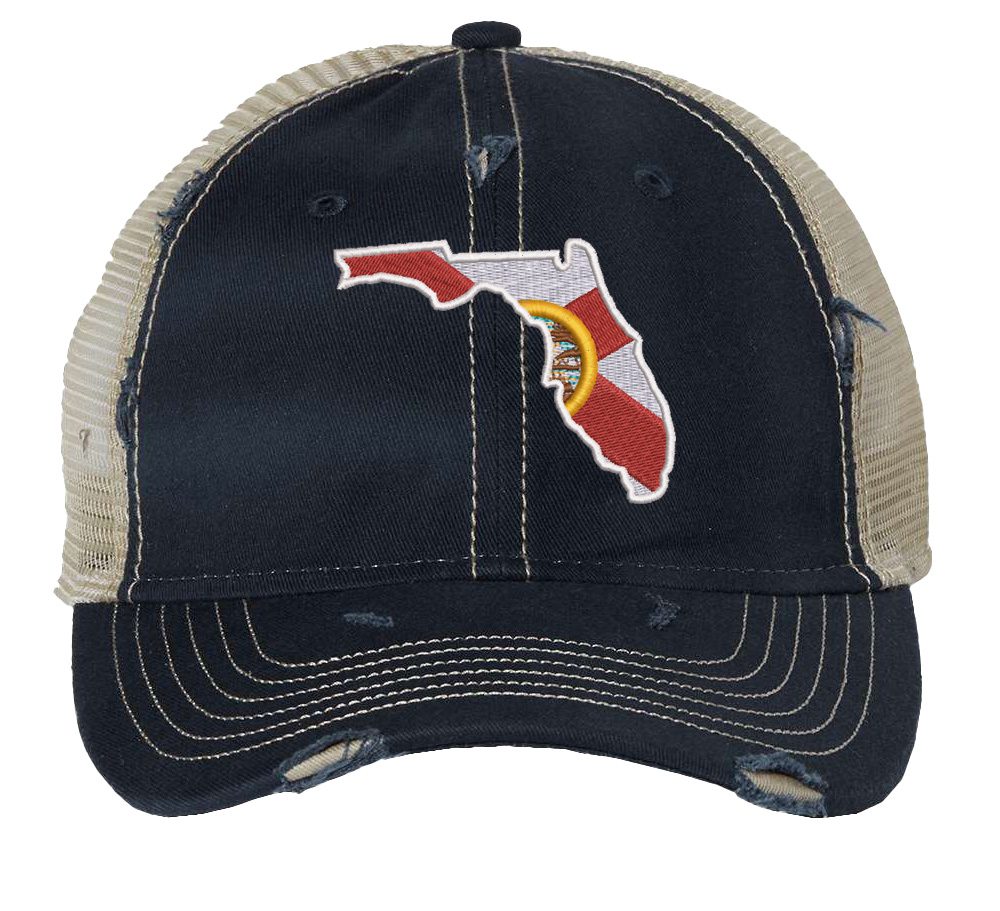 Distressed Trucker Hat with Embroidered Florida State Design - Mesh Strapback Cap in Florida Colors