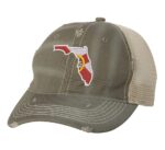 Distressed Trucker Hat with Embroidered Florida State Design - Mesh Strapback Cap in Florida Colors