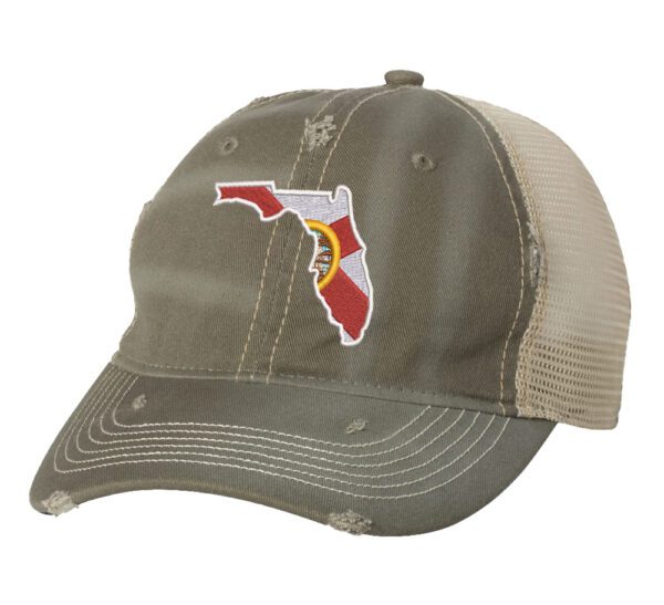 Distressed Trucker Hat with Embroidered Florida State Design - Mesh Strapback Cap in Florida Colors