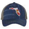 Distressed Trucker Hat with Embroidered Florida State Design - Mesh Strapback Cap in Florida Colors