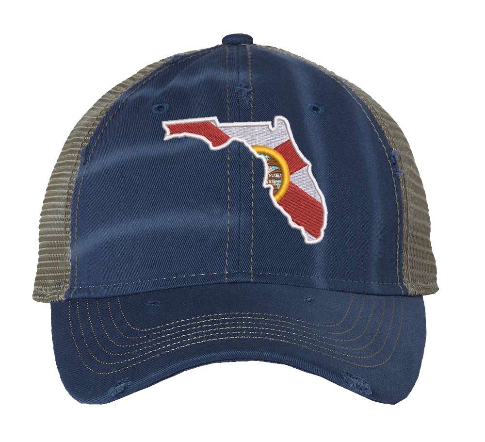 Distressed Trucker Hat with Embroidered Florida State Design - Mesh Strapback Cap in Florida Colors