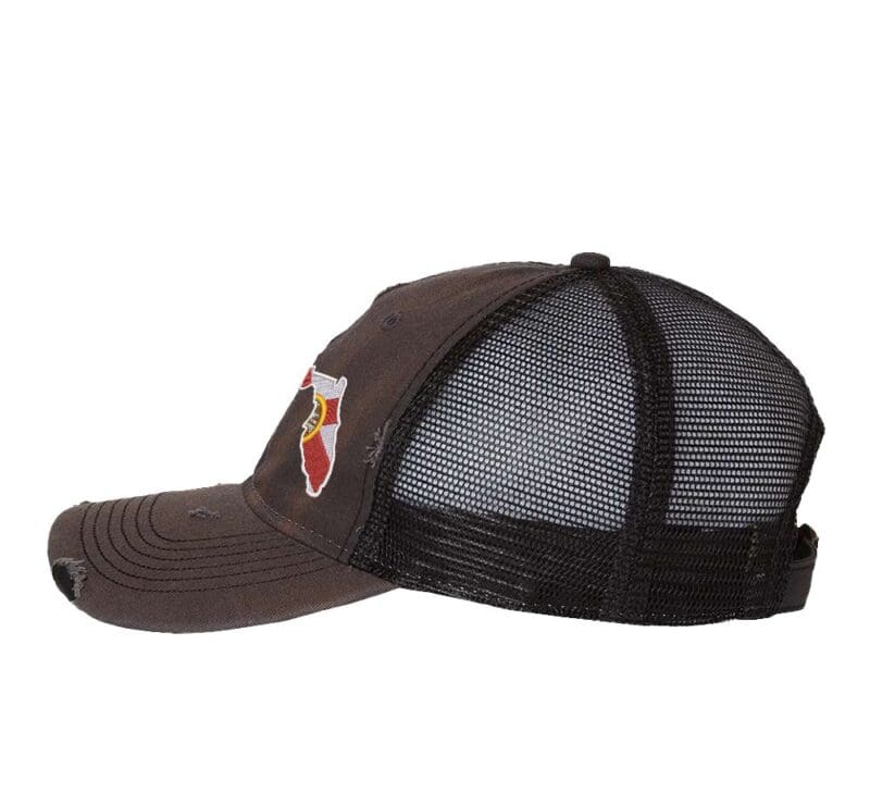 Distressed Trucker Hat with Embroidered Florida State Design - Mesh Strapback Cap in Florida Colors