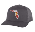 Florida trucker hat with embroidered Florida state design in official colors, mesh back and adjustable snapback closure