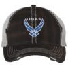 Distressed USAF trucker hat with embroidered blue and white Air Force logo, mesh back, and adjustable strapback.