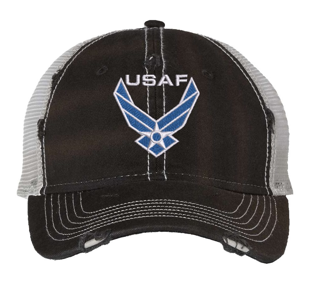 Distressed USAF trucker hat with embroidered blue and white Air Force logo, mesh back, and adjustable strapback.