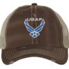 Distressed USAF trucker hat with embroidered blue and white Air Force logo, mesh back, and adjustable strapback.