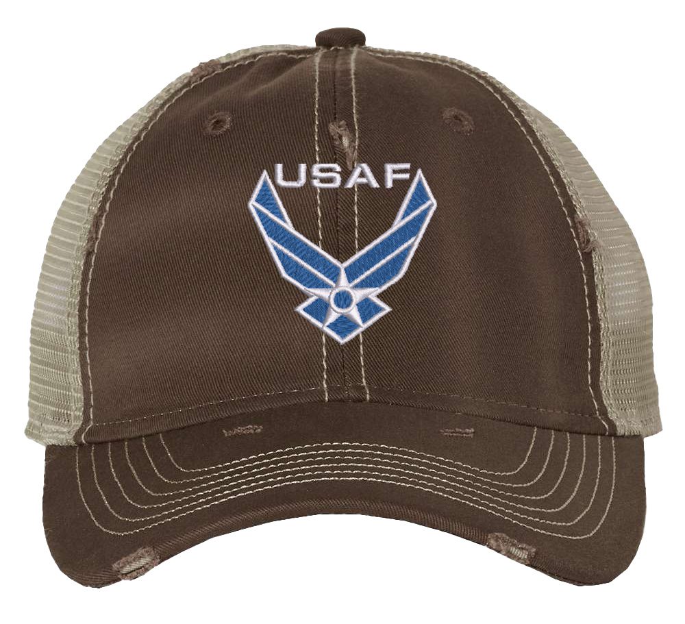 Distressed USAF trucker hat with embroidered blue and white Air Force logo, mesh back, and adjustable strapback.