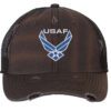 Distressed USAF trucker hat with embroidered blue and white Air Force logo, mesh back, and adjustable strapback.
