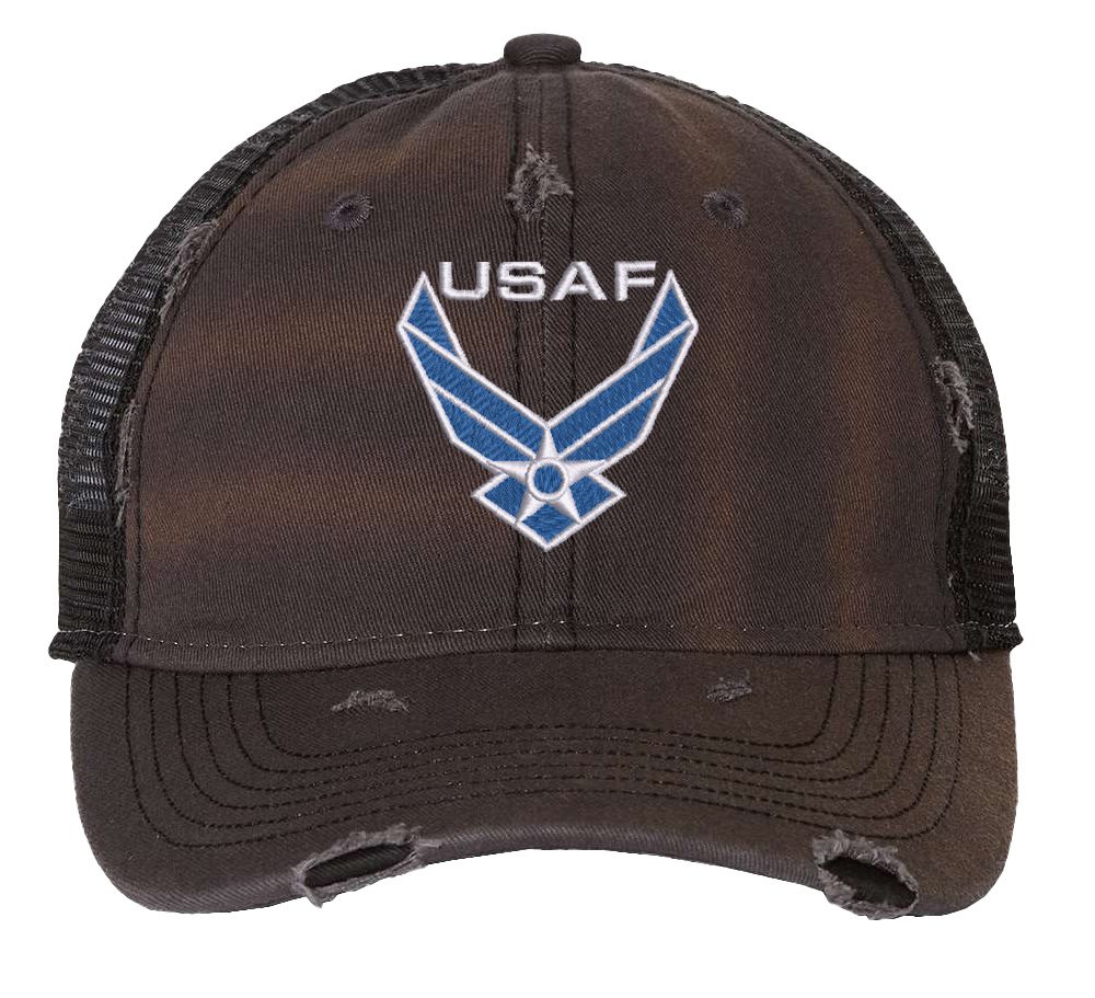 Distressed USAF trucker hat with embroidered blue and white Air Force logo, mesh back, and adjustable strapback.