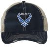 Distressed USAF trucker hat with embroidered blue and white Air Force logo, mesh back, and adjustable strapback.