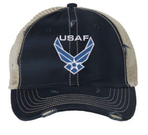 USAF cap with distressed finish, embroidered blue and white Air Force logo, mesh back and adjustable strapback closure