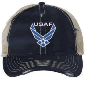 Distressed USAF trucker hat with embroidered blue and white Air Force logo, mesh back, and adjustable strapback.