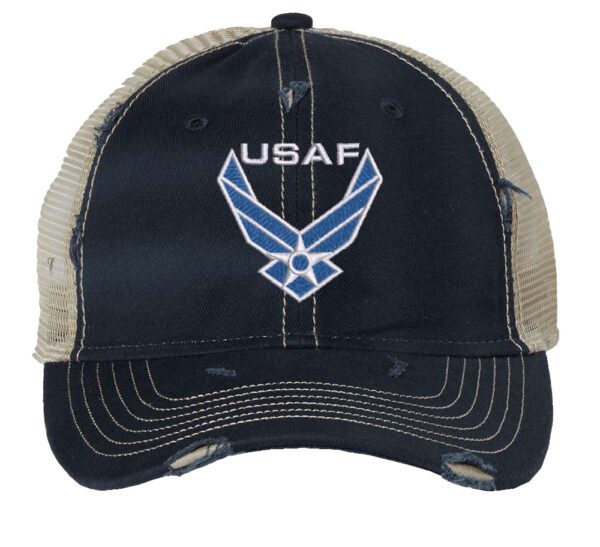 Distressed USAF trucker hat with embroidered blue and white Air Force logo, mesh back, and adjustable strapback.