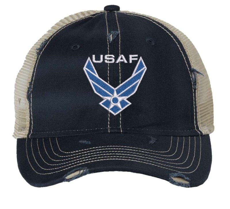 USAF cap with distressed finish, embroidered blue and white Air Force logo, mesh back and adjustable strapback closure