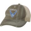 Distressed USAF trucker hat with embroidered blue and white Air Force logo, mesh back, and adjustable strapback.