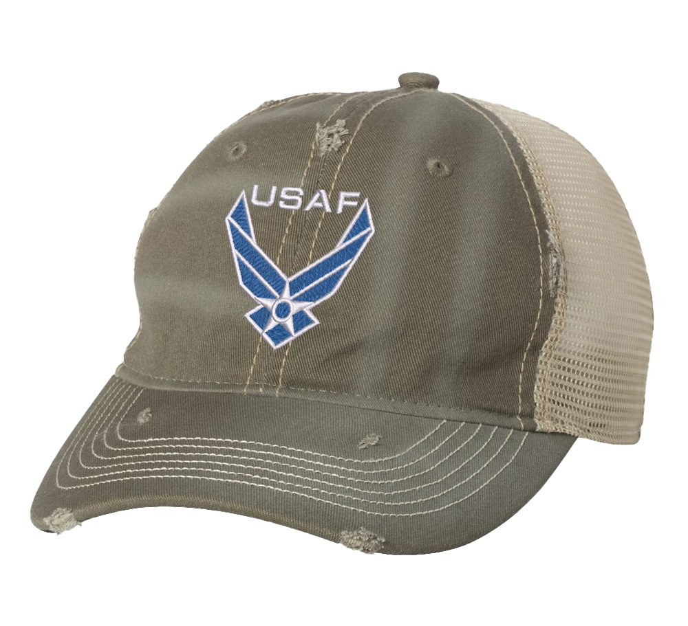 Distressed USAF trucker hat with embroidered blue and white Air Force logo, mesh back, and adjustable strapback.