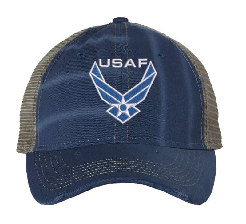 Distressed USAF trucker hat with embroidered blue and white Air Force logo, mesh back, and adjustable strapback.