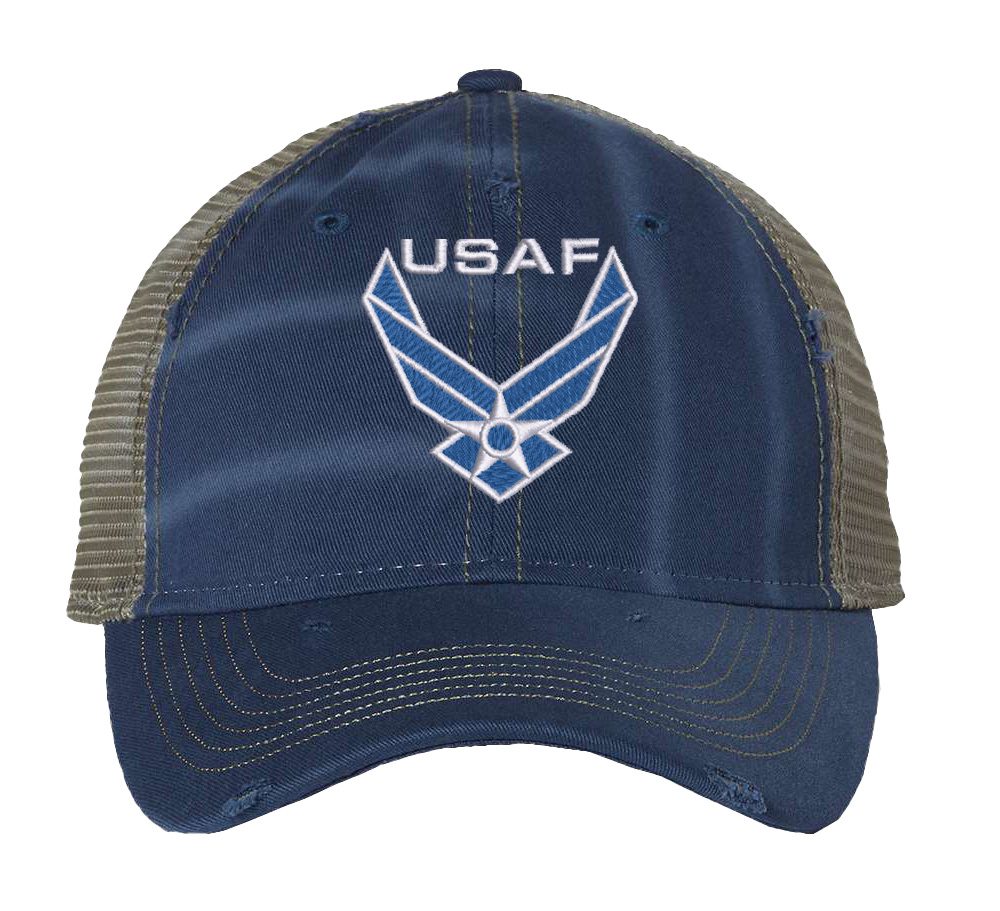 Distressed USAF trucker hat with embroidered blue and white Air Force logo, mesh back, and adjustable strapback.