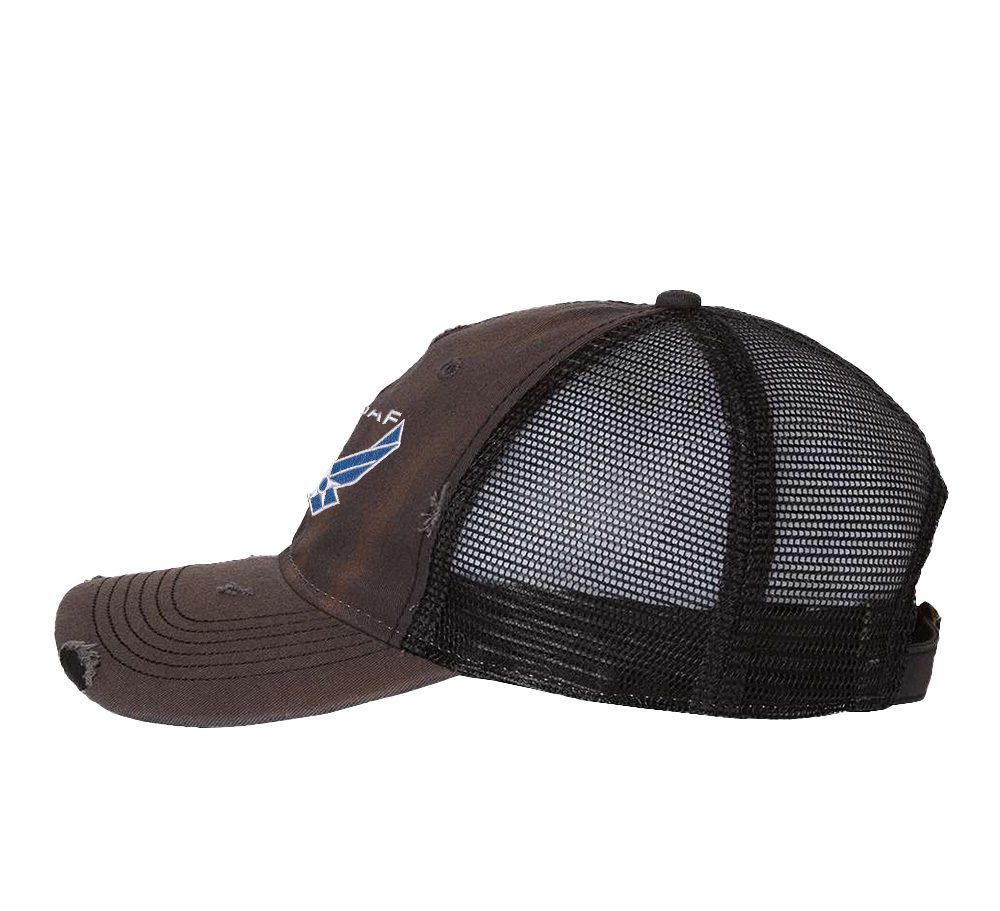 Distressed USAF trucker hat with embroidered blue and white Air Force logo, mesh back, and adjustable strapback.