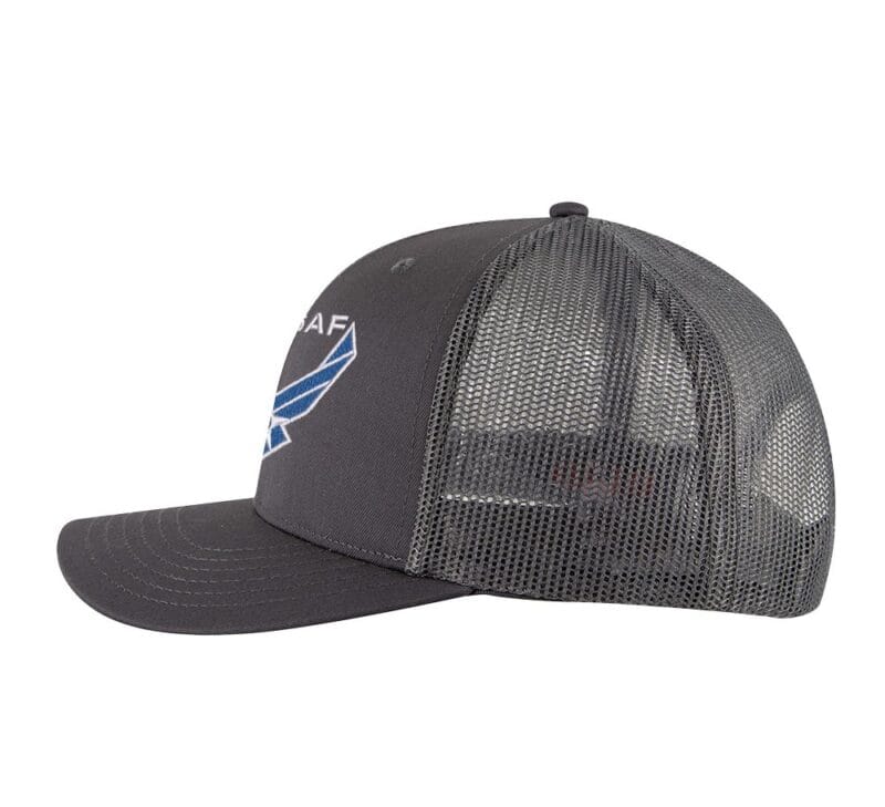 Classic USAF trucker hat with embroidered blue and white Air Force logo, mesh back, and adjustable snapback.