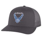Classic USAF trucker hat with embroidered blue and white Air Force logo, mesh back, and adjustable snapback.