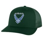 Classic USAF trucker hat with embroidered blue and white Air Force logo, mesh back, and adjustable snapback.