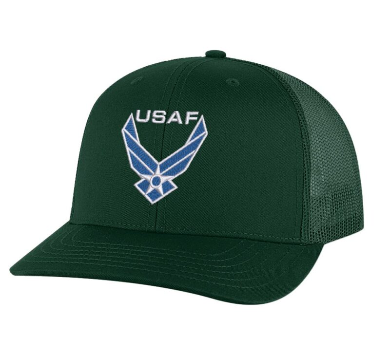 Classic USAF trucker hat with embroidered blue and white Air Force logo, mesh back, and adjustable snapback.