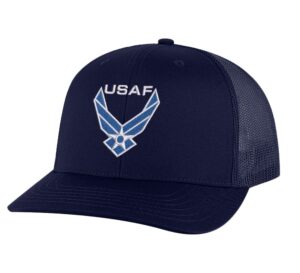 Air force hat with embroidered blue and white USAF logo, mesh back and adjustable snapback closure