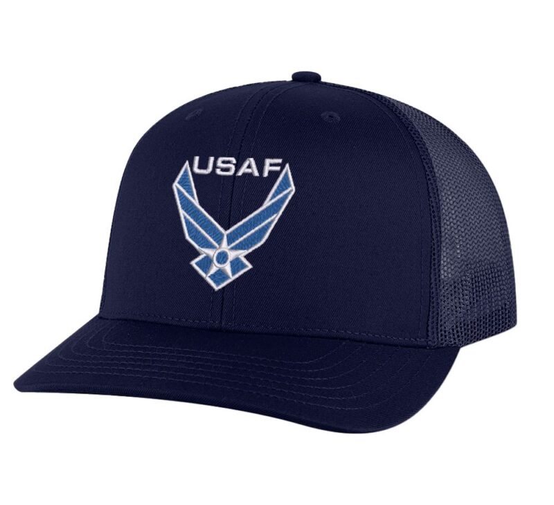 Air force hat with embroidered blue and white USAF logo, mesh back and adjustable snapback closure