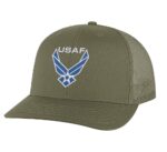 Classic USAF trucker hat with embroidered blue and white Air Force logo, mesh back, and adjustable snapback.