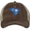 Distressed South Carolina trucker hat with embroidered state flag design, mesh back, and adjustable strapback closure.