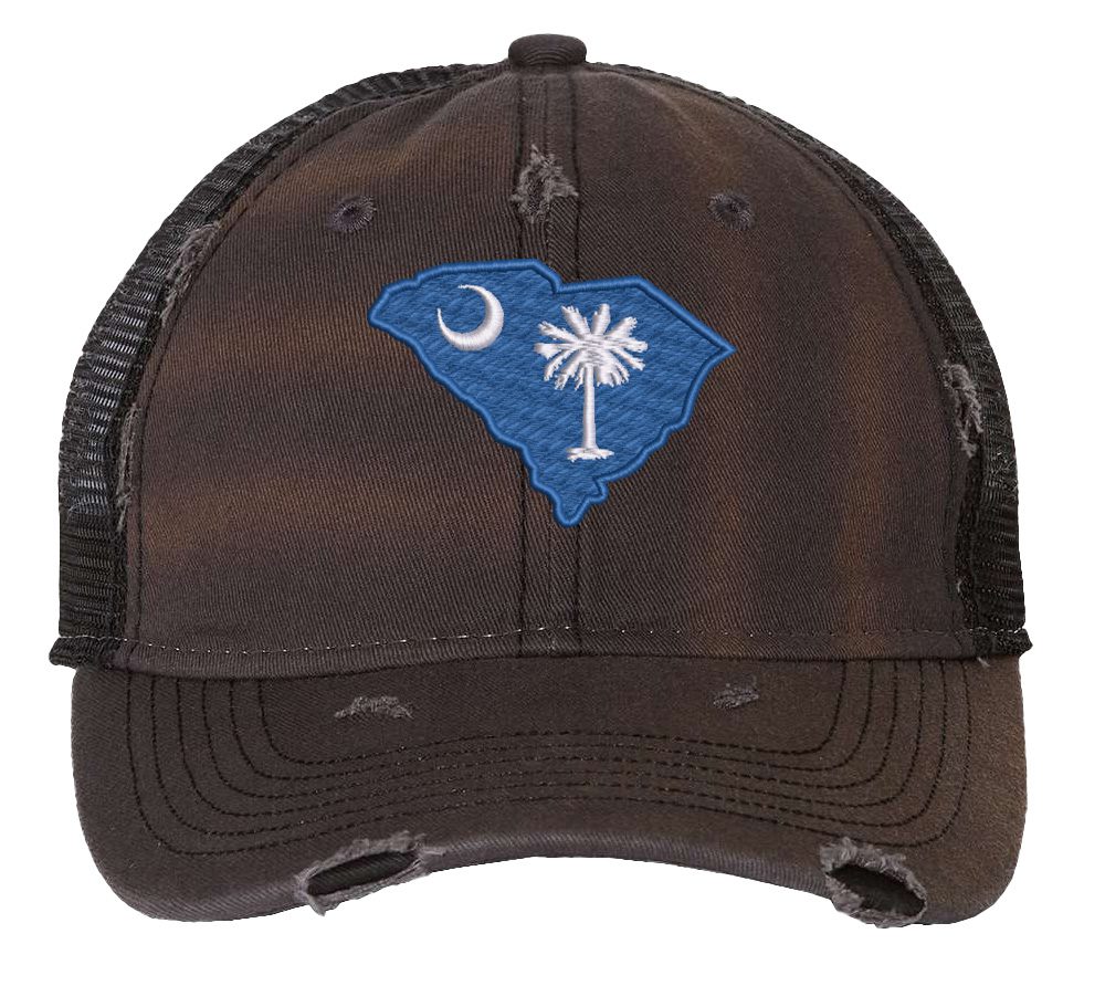 Distressed South Carolina trucker hat with embroidered state flag design, mesh back, and adjustable strapback closure.