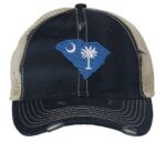Distressed South Carolina trucker hat with embroidered state flag design, mesh back, and adjustable strapback closure.
