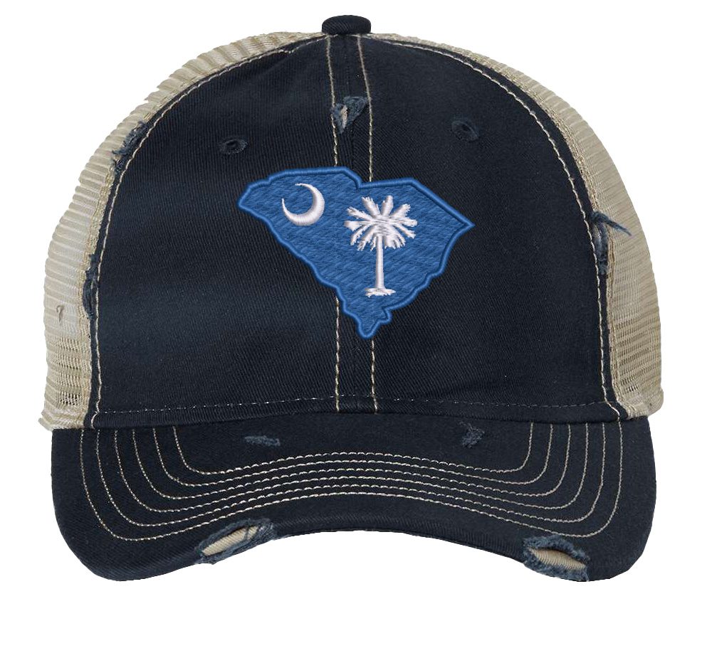 Distressed South Carolina trucker hat with embroidered state flag design, mesh back, and adjustable strapback closure.