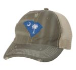 South carolina cap with distressed finish, embroidered South Carolina state flag in shape of South Carolina, mesh back and adjustable strapback closure