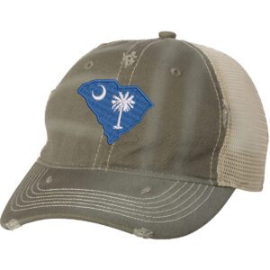 Distressed South Carolina trucker hat with embroidered state flag design, mesh back, and adjustable strapback closure.