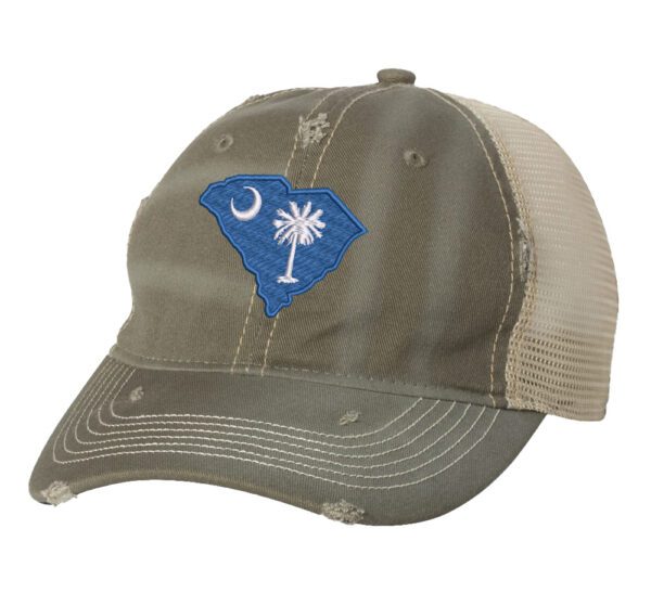 Distressed South Carolina trucker hat with embroidered state flag design, mesh back, and adjustable strapback closure.