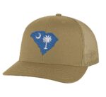 Classic South Carolina trucker hat with embroidered state flag in the shape of South Carolina, mesh back, and snapback closure.