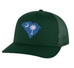 Classic South Carolina trucker hat with embroidered state flag in the shape of South Carolina, mesh back, and snapback closure.