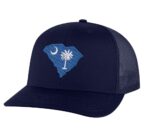 Classic South Carolina trucker hat with embroidered state flag in the shape of South Carolina, mesh back, and snapback closure.
