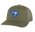 Classic South Carolina trucker hat with embroidered state flag in the shape of South Carolina, mesh back, and snapback closure.
