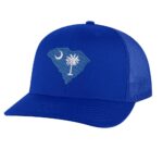 Classic South Carolina trucker hat with embroidered state flag in the shape of South Carolina, mesh back, and snapback closure.