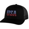 USA trucker hat with embroidered American flag letters, snapback mesh cap for patriotic wear.