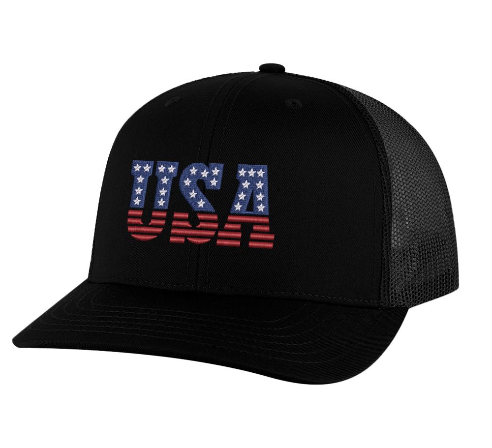 USA trucker hat with embroidered American flag letters, snapback mesh cap for patriotic wear.