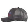 USA trucker hat with embroidered American flag letters, snapback mesh cap for patriotic wear.