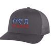 USA trucker hat with embroidered American flag letters, snapback mesh cap for patriotic wear.